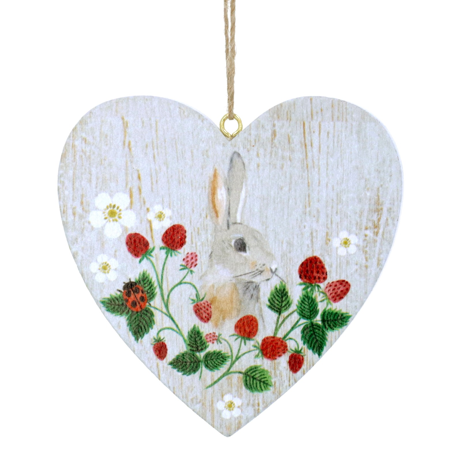 Gisela Graham Strawberry & Bunny Wood Heart Hanging Decoration 8cm Easter Spring