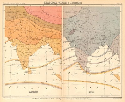 SÜDASIEN. Britisch Indien. Saisonale Winde und Isobaren - Januar & Juli 1931 Karte