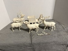 4 VTG Celluloid White Christmas Reindeer Pink Rhinestones W/ Sleigh Japan Retro