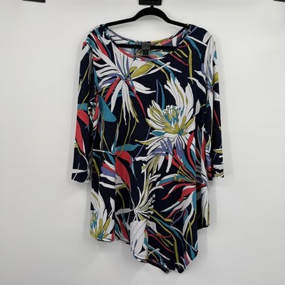 Clara Sunwoo Blouse Womens Large Blue Tunic Floral 3/4 Sleeve Relaxed Fit Slinky