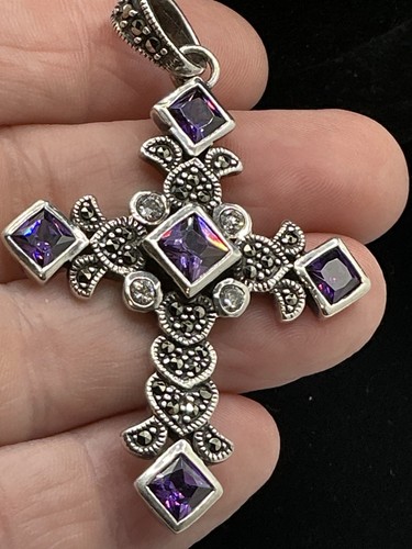 349 Sterling Silver 925 Amethyst Marcasite Cross Pendant 2.5” H x 1.5” W