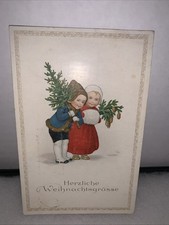 Antique German Christmas Postcard Boy And Girl With Christmas Trees 1923 No 768