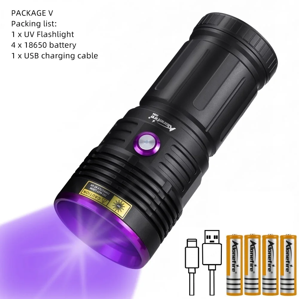 80W 365Nm UV High Power Ultraviolet Flashlight USB Rechargeable Black Light Torc
