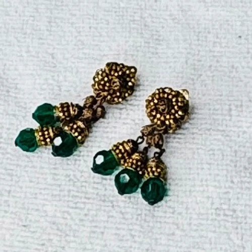 Винтажный подвеской зажим на серьги золотистый зеленый граненый бусина - Изображение 2 из 4