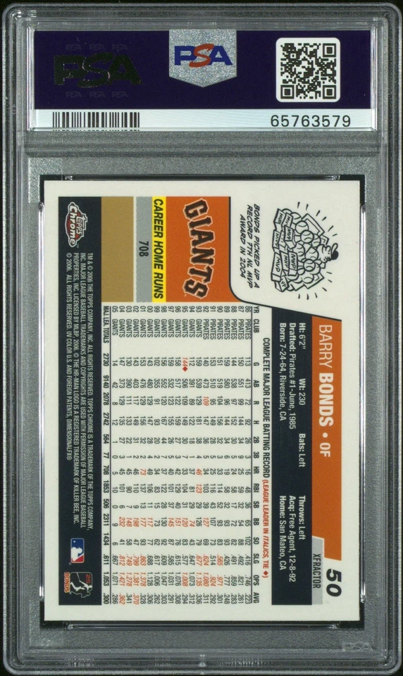 2006 Topps Chrome Barry Bonds Xfractor #50 SP PSA 9 MINT POP 7 NONE HIGHER RARE - Image 2 of 2