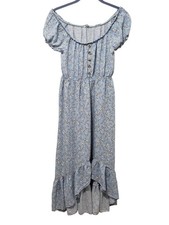 No Comment | Blue Floral High-Low Midi Dress Puff Sleeve | Womens Small