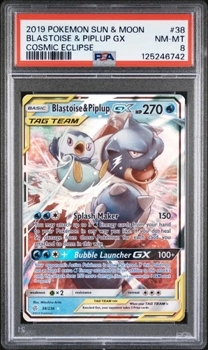 2019 POKEMON SUN & MOON COSMIC ECLIPSE #38 BLASTOISE & PIPLUP GX PSA 8
