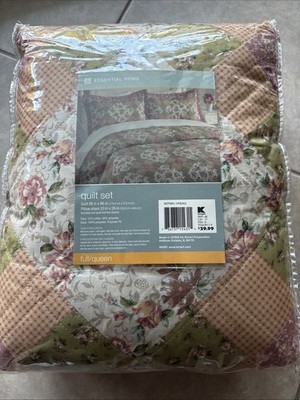 Essential Home 3 Piece Full Queen Quilt 2 Pillow Sham Set Lyndall Flower New