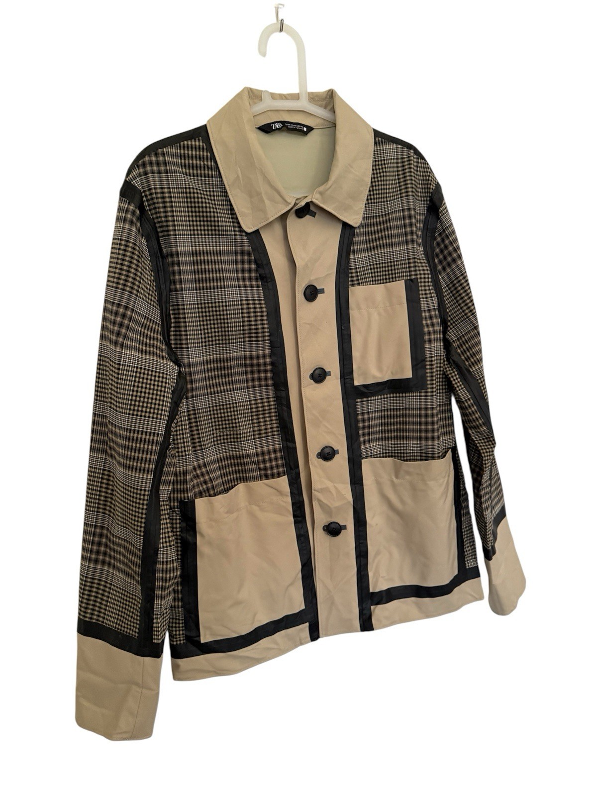Zara Checked Patchwork Utility Jacket – Beige/Bla… - image 3