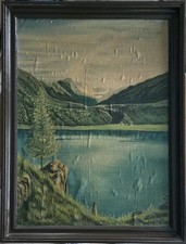 Vintage Ölbild Bergsee – handgemalte Alpenlandschaft, gerahmt – rustikale...