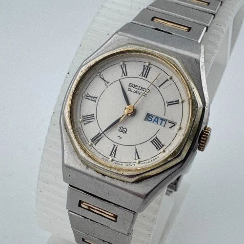 VTG Seiko Quartz Watch 8523-0079 Women Dual Tone Day Date Analog New Batter 6.5"