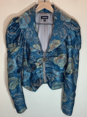 Vintage Bebe Tailored Brocade Runway Jacket Sz 2 Zip Sleeves Rare Art Tapestry