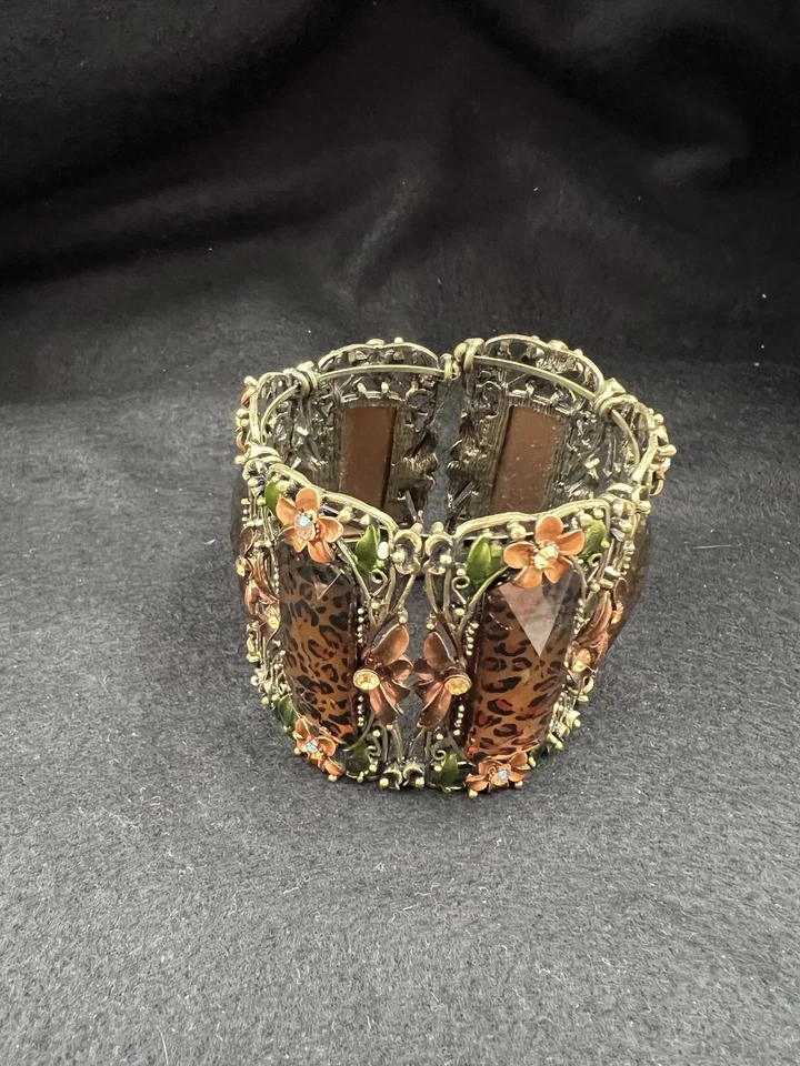 Pulsera Brazalete Floral Estampado Leopardo Panel de Vidrio Ancho Estilo Boho Vintage Foto 4 de 4