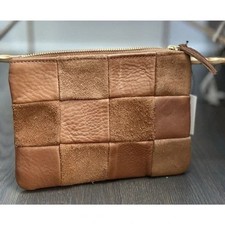 NWT PRIMECUT COGNAC CHECKERED LEATHER POUCH CLUTCH SUEDE HANDMADE MADE IN USA