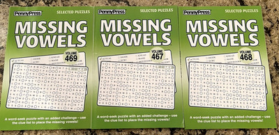 Lot of 3 MISSING VOWELS Word Search Seek Find Penny Press Puzzles Free Ship