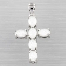 Latin Cross Oval White Fire Opal Cabochon Silver Jewelry Necklace Pendant