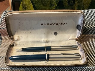 Vintage Parker 51 Set Blue Fountain Pen Mechanical Pencil Set & Case