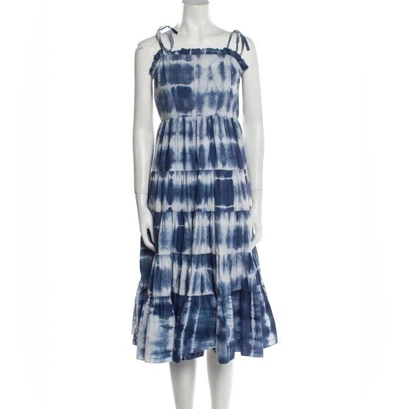 Ulla Johnson Ellyn Vestido Midi Sol Azul Blanco Sin Tirantes Algodón Talla 12 #1080 Foto 3 de 4