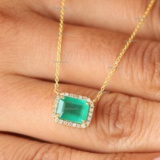 Octagon Cut Emerald & Diamond Halo Chain Necklace, Solid 14k Yellow Gold Jewelry