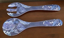 Melamine Salad Server Set Fork and Spoon Unbranded Blue Leaves Summer Fall