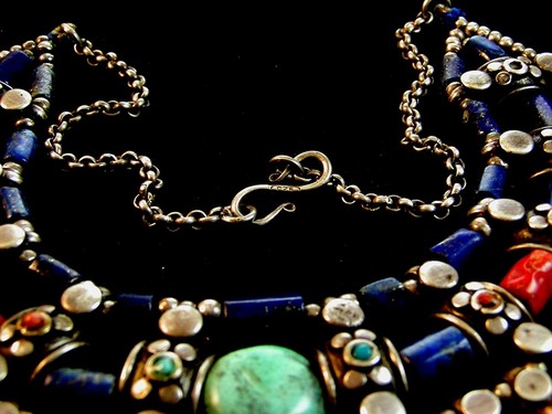 Vintage Egyptian Tribal Sterling Silver Turquoise Lapis Coral Necklace Choker 16 - Picture 2 of 8
