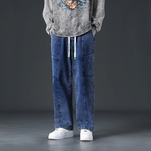 Men's Vintage Baggy Jeans Loose Fit Wide Leg Denim Pants Drawstring Mid
