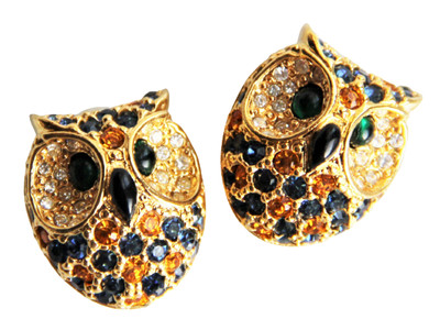 Joan Rivers Multi Colored Crystal Rhinestone Owl Bird Clip On Earrings Signed