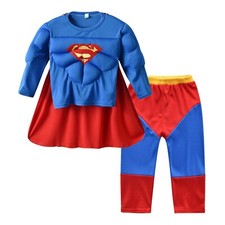 Kids Superman Cosplay Muscle Suit Tops Pants Bodysuit Boy Girl Halloween Costume