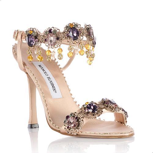 $1595! New MANOLO BLAHNIK JEWELED CIENZAPER NUDE Satin Beige