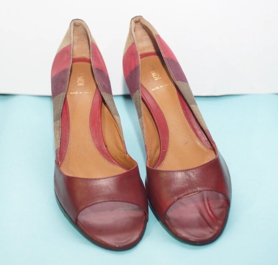 Décolleté Fendi marroni multicolore a righe tela e pelle punta aperta taglia 39