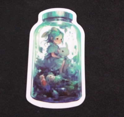 Little Girl With Bunny Inside Jar Sticker 2'' x 1 1/8''