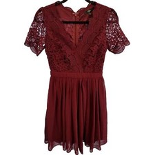 Lulu's NEW Angel in Disguise Burgundy Lace Fit & Flare Skater Dress Women's XS