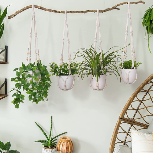2 Pack Macrame Plant Hanger Indoor Hanging Planter Basket with Wood Beads Decora - Picture 4 of 12