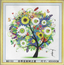 COLORFUL TREE--Beautiful Flowers--Butterflies--Rainbow--Stamped Cross Stitch KIT