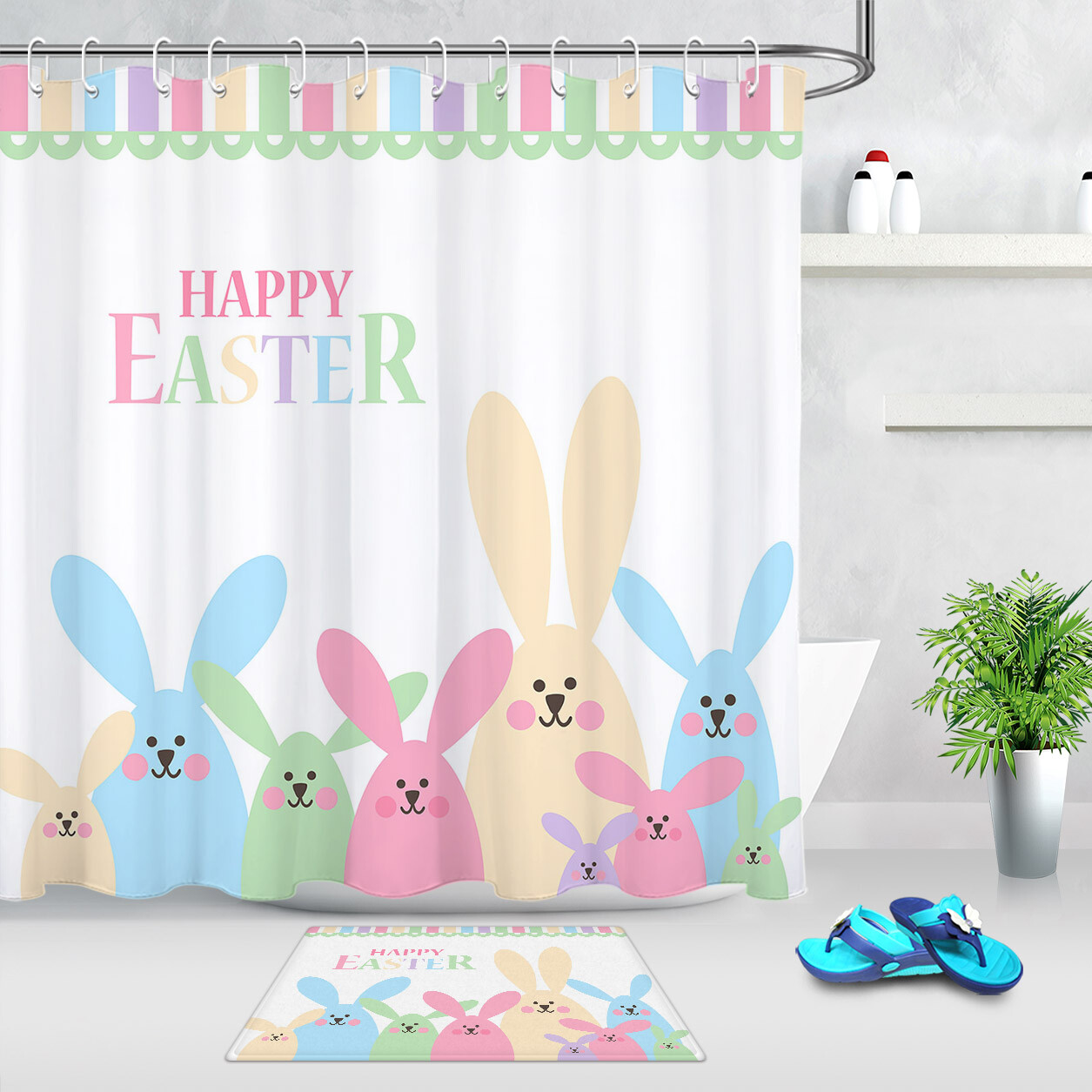 Happy Easter Colorful Funny Rabbits Fabric Shower Curtain Set Bathroom Decor 72 Ebay