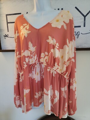 Ophelia Roe Ladies Plus Size Blouse Shirt Top 1X NWT Orange Beige Floral