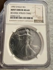 1992 Silver Eagle $1 NGC MS69 MINT ERROR REVERSE STRUCK THRU .999 Fine