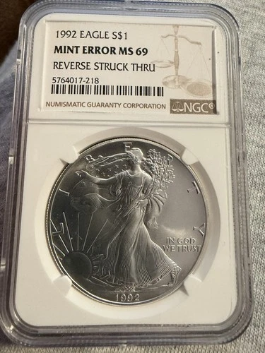 1992 Silver Eagle $1 NGC MS69 MINT ERROR REVERSE STRUCK THRU .999 Fine