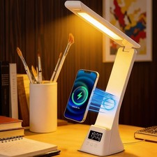 Multifunctional LED Desk Lamp, 10W Wireless Charging Station with Digital Clo