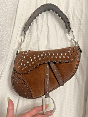 DIOR BY JOHN GALLIANO 2004 BROWN SUEDE EMBELLISHED WHIPSTITCH SADDLE BAG RARE**