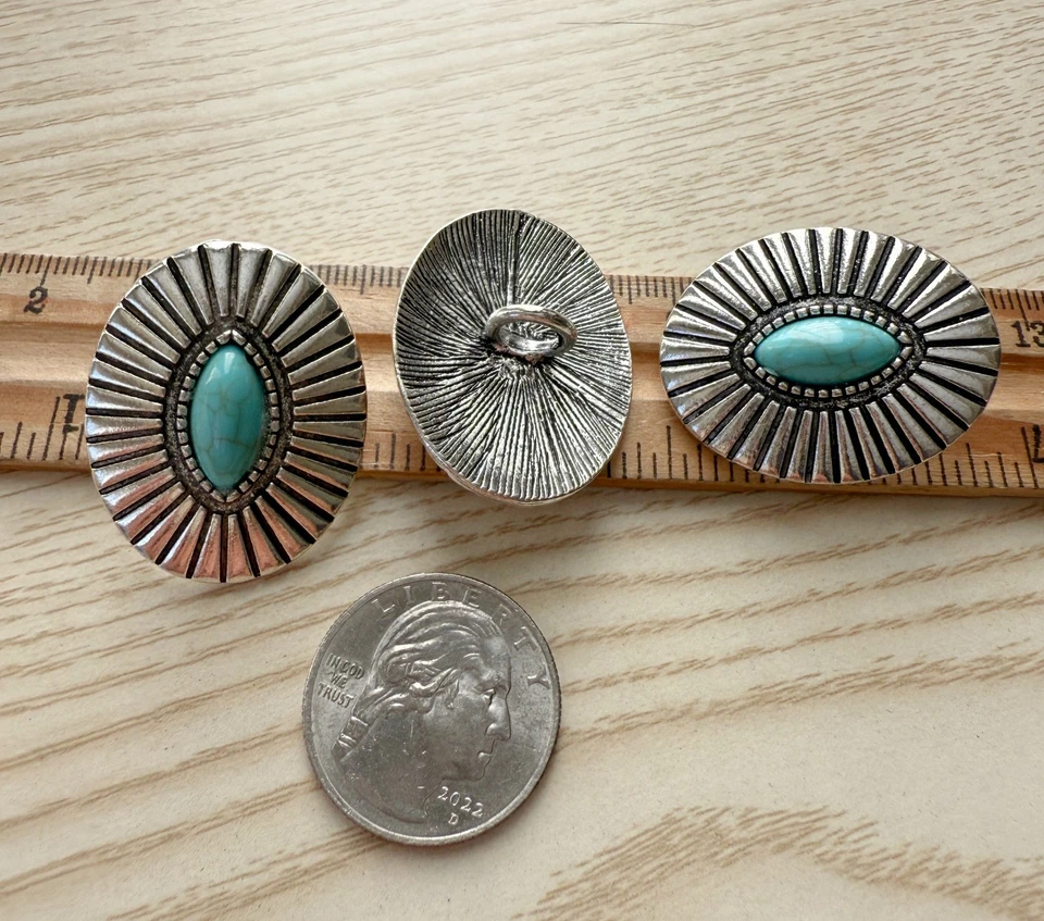 3PC Antiqued Silver Turquoise Metal Buttons Sewing Button with Shank 34X27mm - Image 2 of 2