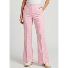 Vtg 60s 70s Bell Bottom Pants Womens Pink Gingham Flare Leg Polyester Disco sz M