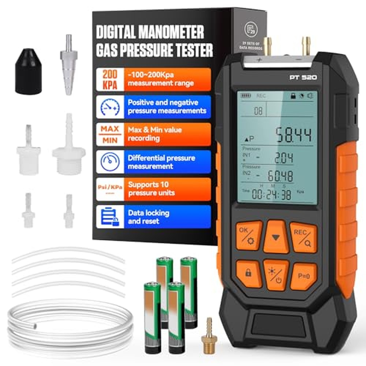 Manometer Gas Pressure Tester -100 to 200Kpa Dual-Port Digital Manometer