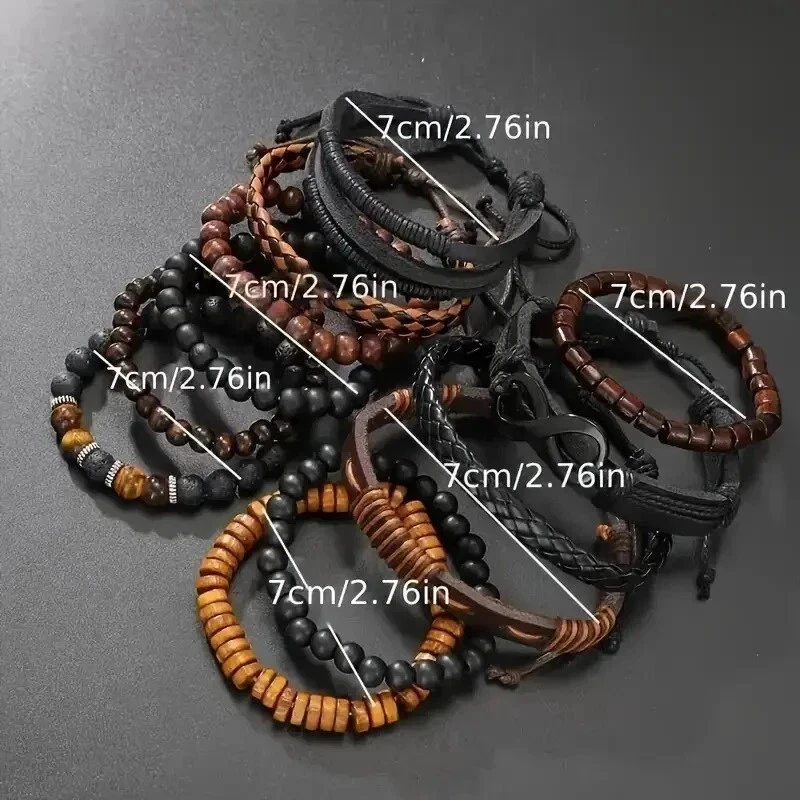 12pcs Set Mens Brown Black Beaded PU Leather Wooden Wristband Bangle Bracelet - Image 4 of 4