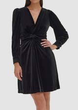 Vince Camuto Women's Black Velvet V Neck Fit & Flare Twist-Front Dress Size 10