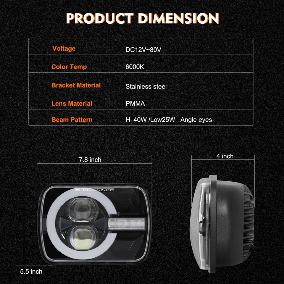 Pair 5x7" 7x6" LED Headlights DRL For Ford E-150 E-250 Econoline Van Club Wagon - Image 3 of 4