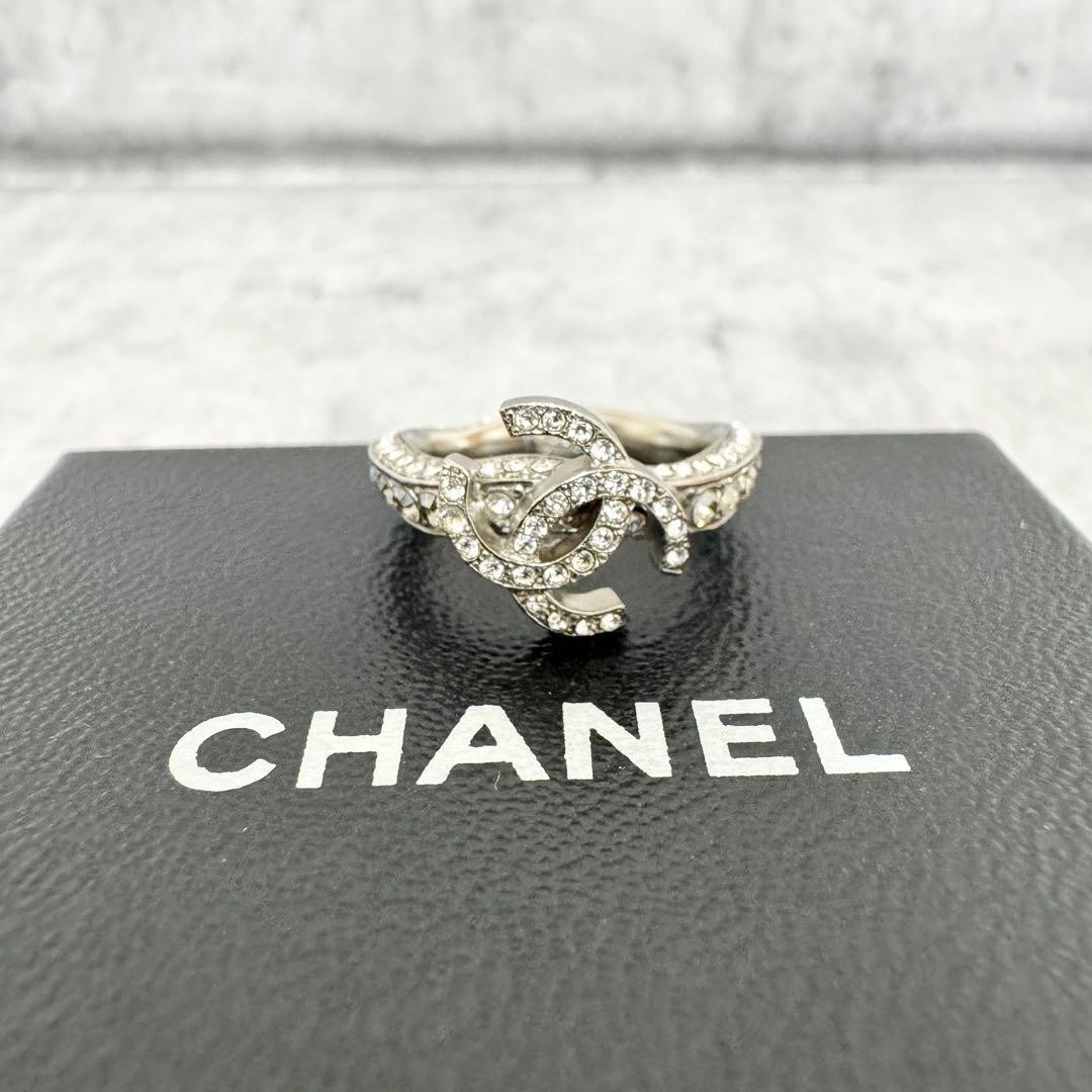 CHANEL Coco Mark Rhinestone Silver Tone Ring 10A Metal Logo