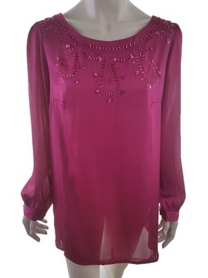 Glam Cocktail Longline Tunic Pink Chiffon Long Sleeve Beaded Sequin Lined US 10