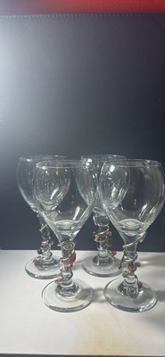 Set of 4 Clear Stemmed Wine Glasses Twisted Stems w/ Multicolor Bead Accents