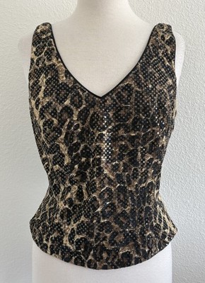 Caché Sequins Y2K Sleeveless Crop Top Sz Large Leopard Animal Print 2000s